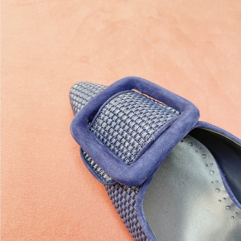 Manolo Blahnik Royal Blue Woven Pointed-Toe Mules with Buckle - Picture 6 of 8